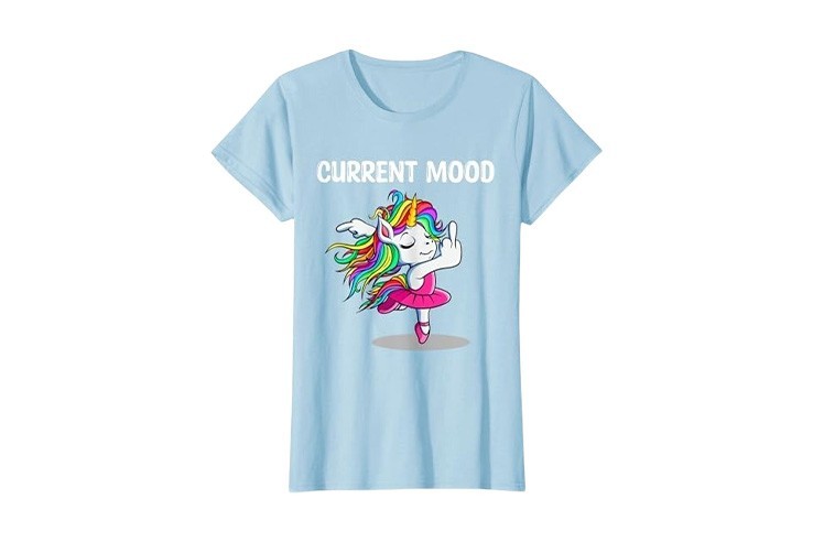 Tee-shirt bleu ciel "humeur actuelle" licorne doigt d'honneur pour femme