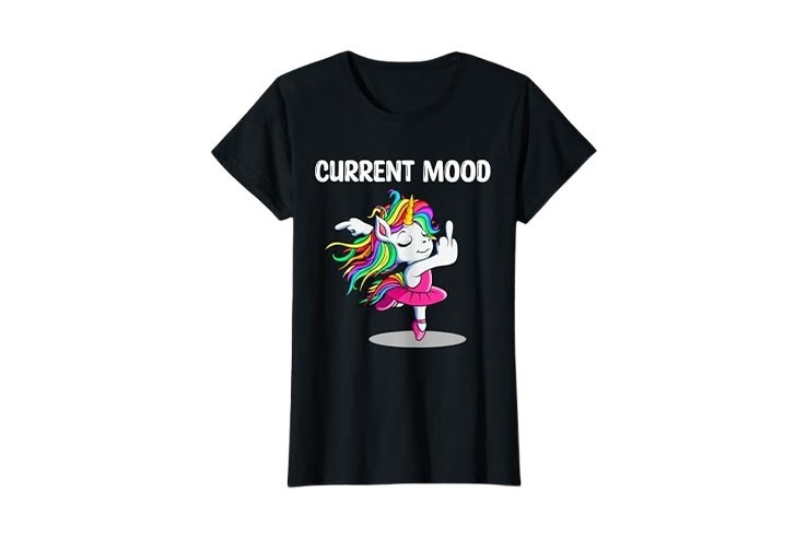 Tee-shirt noir "current mood" motif licorne doigt d'honneur pour femme