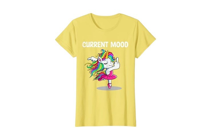 Tee-shirt jaune "current mood" avec licorne doigt d'honneur femme