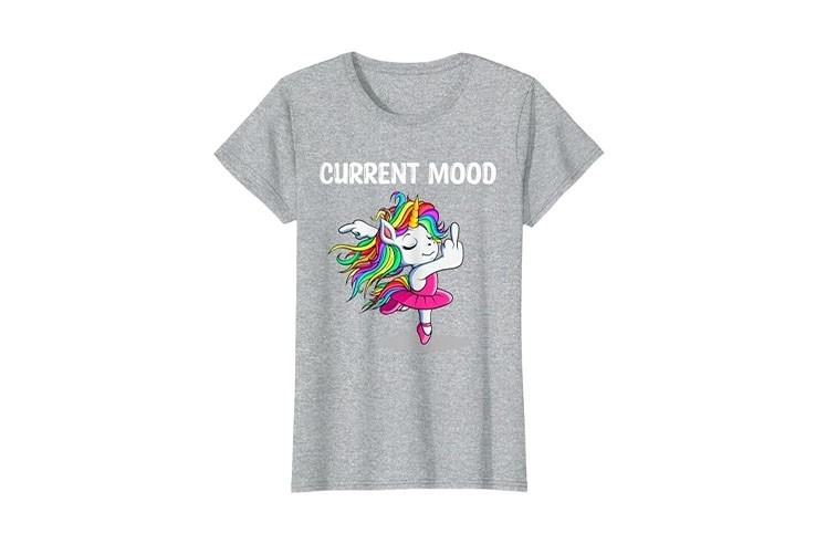 Tee-shirt "current mood" gris chiné licorne doigt d'honneur drôle pour femme