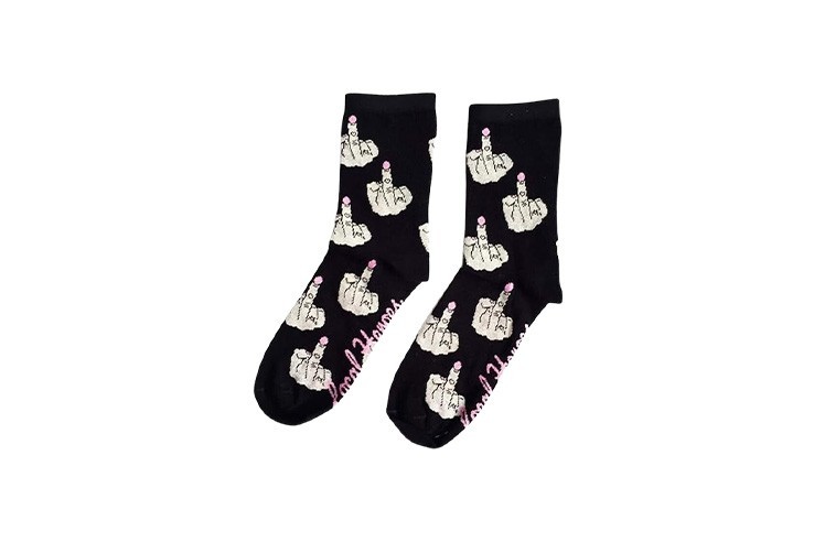 Chaussettes drôle noir en coton avec broderie doigt d'honneur