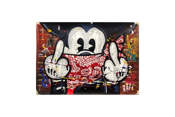 Tableau impression Mickey avec bandana et doigt d'honneur style graffiti 30,5x40,6cm