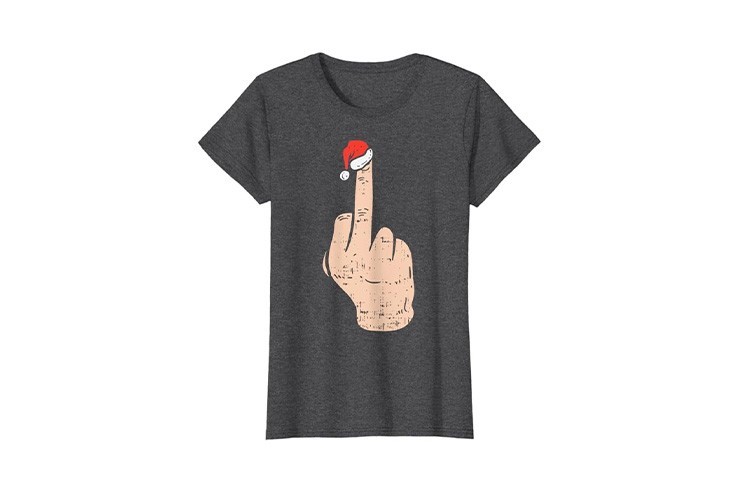 Tee-shirt femme de noël amusant doigt d'honneur gris foncé chiné