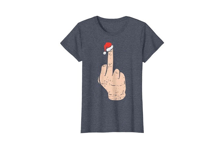 T-shirt rigolo bleu chiné pour noël doigt d'honneur femme