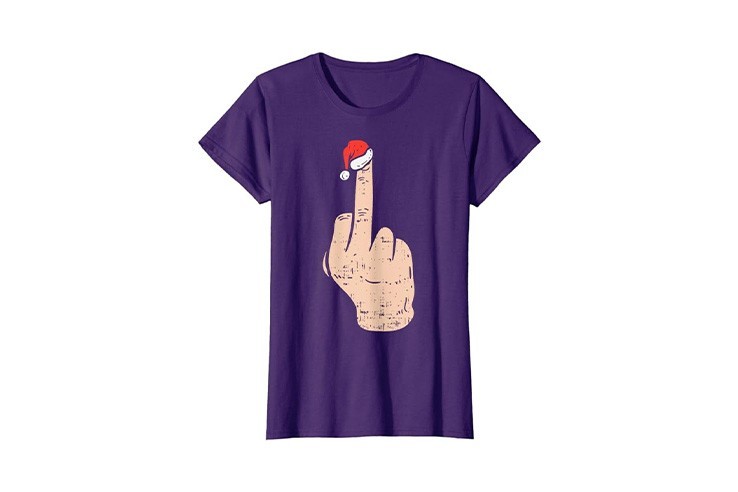 Tee-shirt pour femme violet doigt d'honneur et bonnet de noël