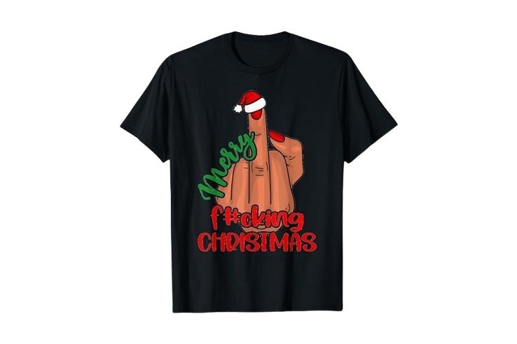 Pyjama homme de noël tee-shirt noir avec doigt d'honneur Merry Fucking Christmas