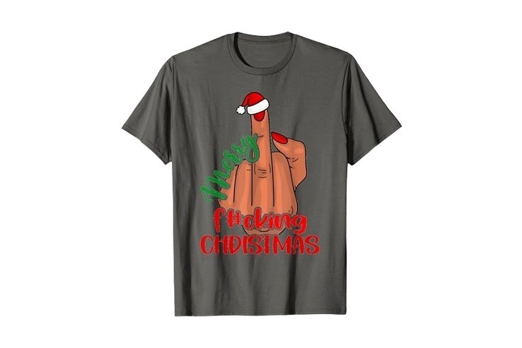 Pyjama tee-shirt gris doigt d'honneur et bonnet de noël avec inscription "Merry Fucking Christmas" pour homme