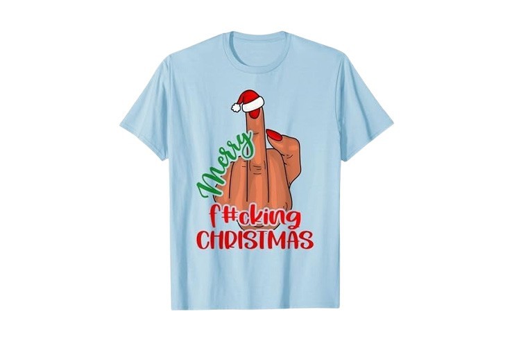 Pyjama tshirt manche courte pour homme bleu ciel rigolo pour noël avec doigt d'honneur "Merry Fucking Christmas"