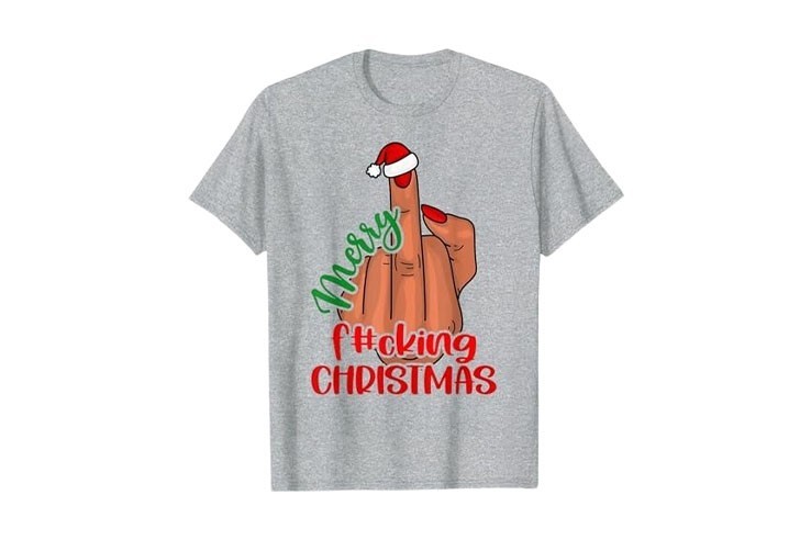 Pyjama gris chiné t-shirt amusant homme avec doigt d'honneur Joyeux putain de noël