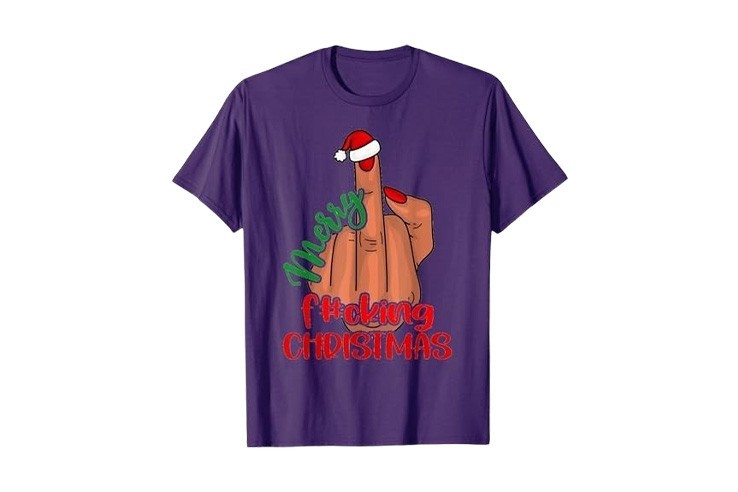 Tee-shirt violet de pyjama pour noël avec doigt d'honneur Merry Fucking Christmas pour homme