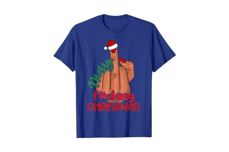 Tshirt homme de pyjama bleu avec motif Merry Fucking Christmas doigt d'honneur et bonnet de noël