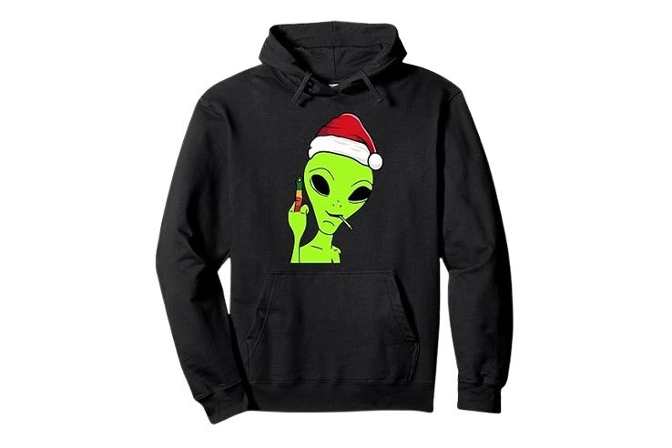 Sweat à capuche noir alien doigt d'honneur et bonnet de noël