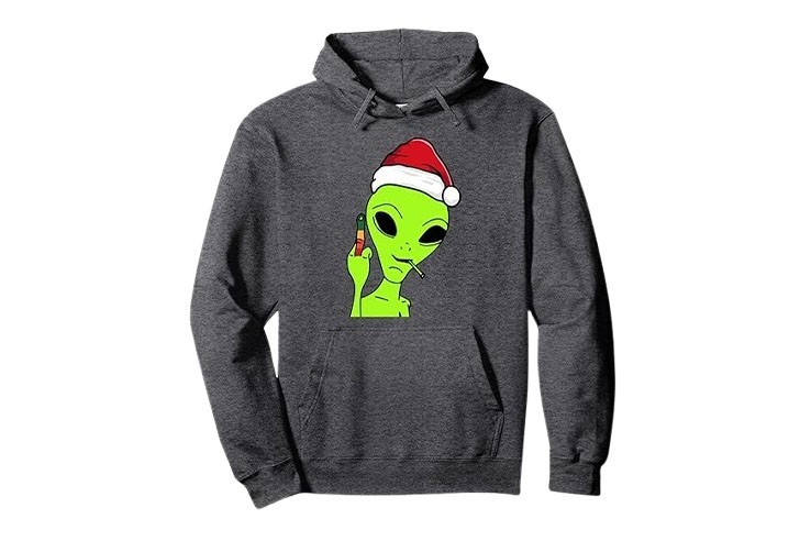 Sweat-shirt à capuche de noël unisexe gris foncé chiné alien doigt d'honneur et bonnet de noël