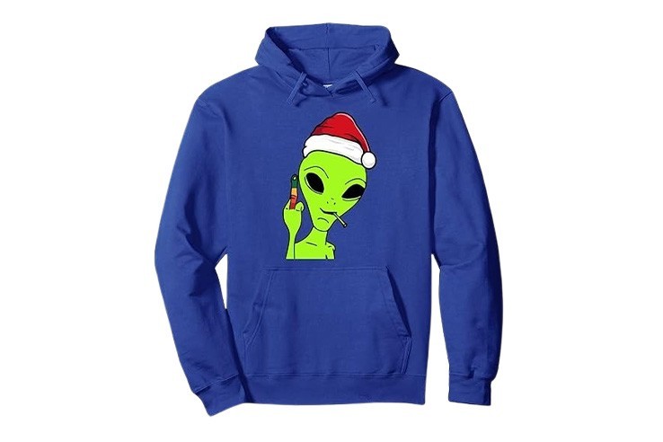 Pull à capuche bleu pour noël avec alien doigt d'honneur bonnet de noël