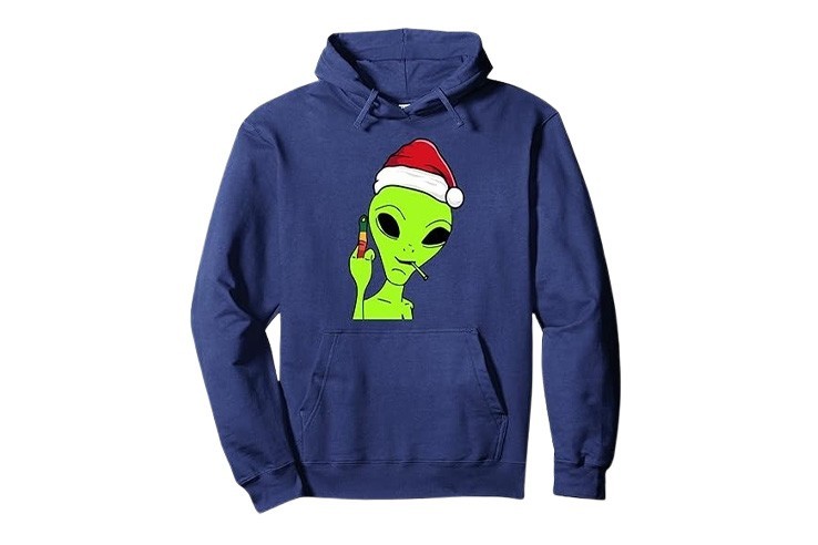 Sweat à capuche de noël motif alien doigt d'honneur qui fume un joint bleu marine