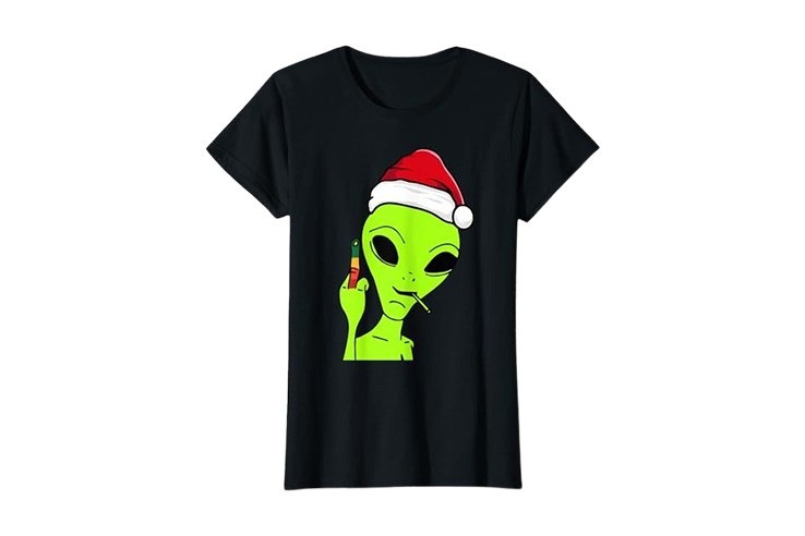 Tee-shirt de noël noir pour femme motif alien doigt d'honneur qui fume un joint