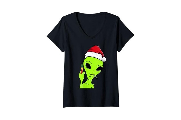 Tee-shirt noir pour femme en col V alien doigt d'honneur