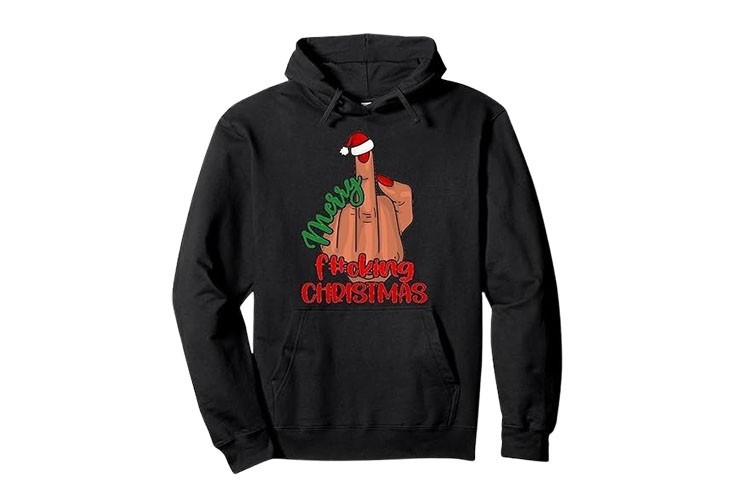 Sweat à capuche noir avec doigt d'honneur "Merry Fucking Christmas"