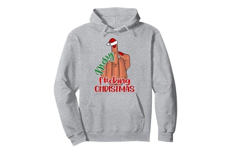 Sweat gris chiné à capuche amusant motif doigt d'honneur et inscription "Merry Fucking Christmas"