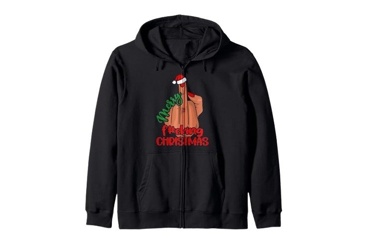 Veste à capuche noire avec motif doigt d'honneur "Merry Fucking Christmas"