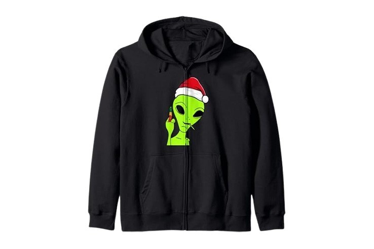 Veste à capuche noire motif alien dogit d'honneur et bonnet de noël