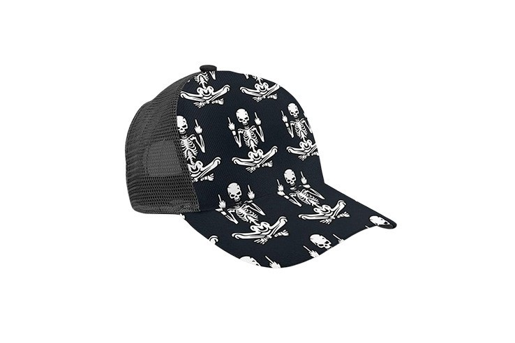 Casquette trucker bleu foncé et gris avec motif squelette doigt d'honneur