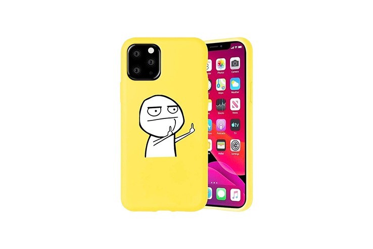 Coque jaune de protection téléphone Iphone 13 Pro Max motif troll face doigt d'honneur