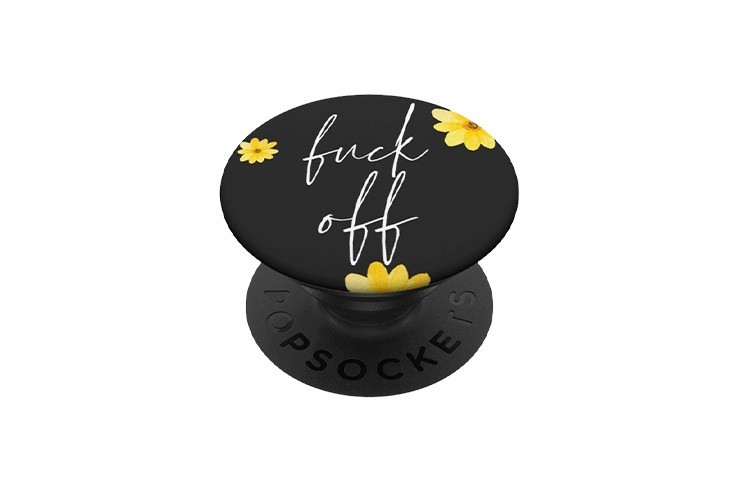 Support PopGrip noir motif fleur jaune et inscription fuck off pour téléphone