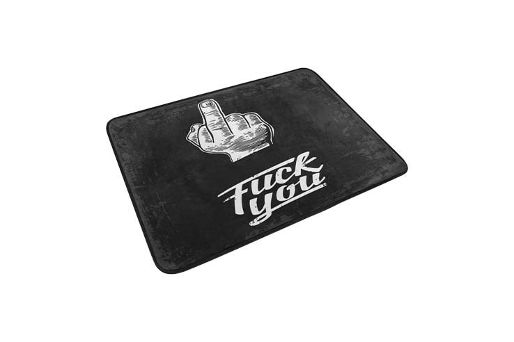 Tapis de bain noir et blanc motif doigt d'honneur et inscription "Fuck You"