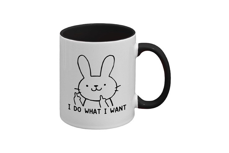 Mug drôle motif lapin doigt d'honneur "Je fais ce que je veux" blanc et noir