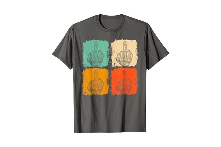 Tee-shirt rétro homme gris avec motif doigt d'honneur 😎💪 Affichez votre style unique !