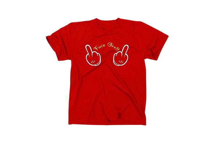 Tee-shirt avec motif main de Mickey doigt d'honneur et inscription Fuck Off rouge