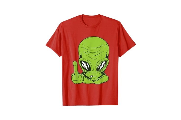 Tee-shirt avec tête d'alien doigt d'honneur rouge pour homme