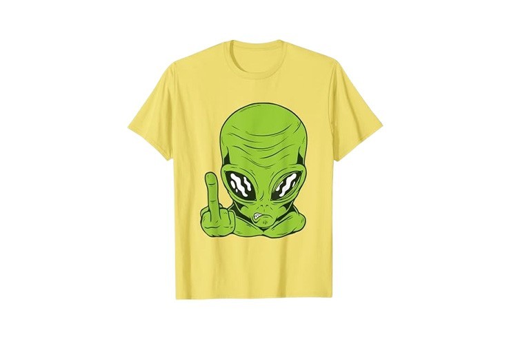 Tee-shirt rigolo jaune motif alien doigt d'honneur homme