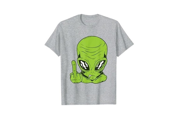 Tshirt homme à manche courte drôle tête d'alien et doigt d'honneur gris chiné