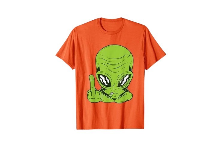 Tee-shirt tête d'alien enervé et doigt d'honneur orange homme