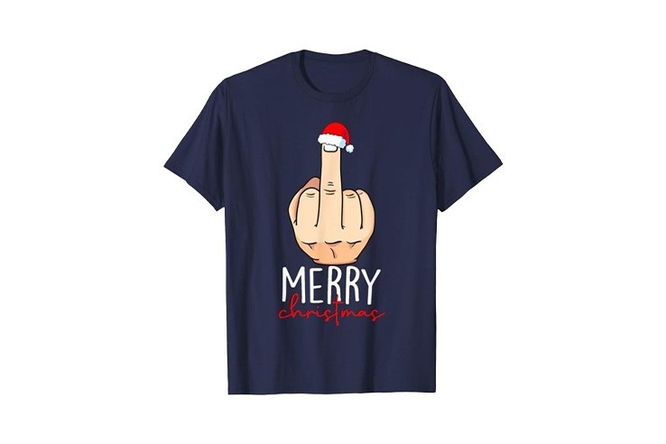 Tee-shirt doigt d'honneur bleu marine pour homme avec bonnet de noël Merry Christmas