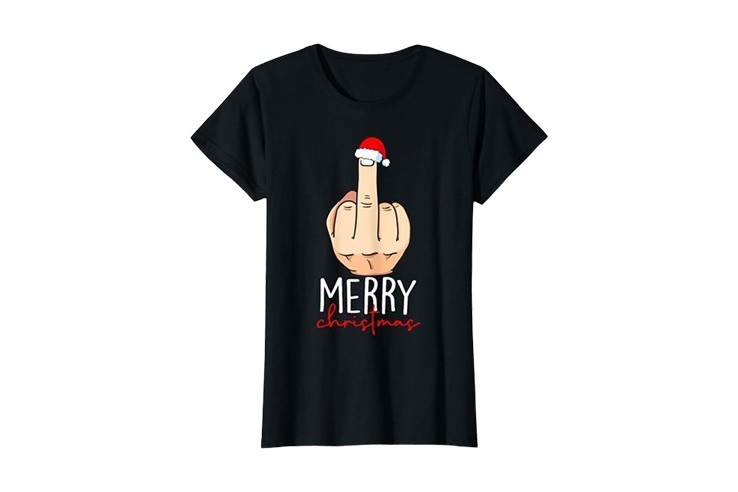 Tee-shirt noir Merry Christmas avec doigt d'honneur pour femme