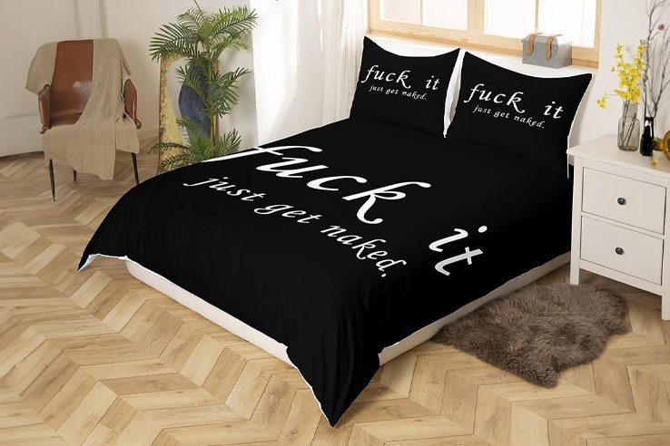 Housse de couette et taies d'oreilles noir avec inscription "Fuck It"