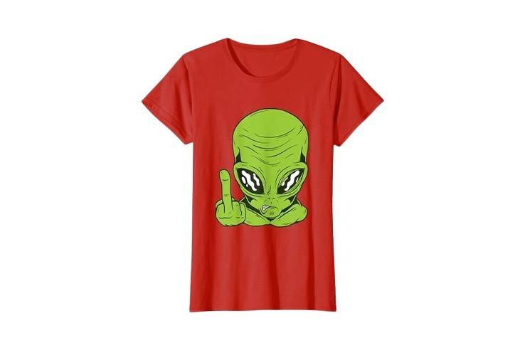 Tee-shirt rouge à manche courte pour femme avec doigt d'honneur et tête d'alien 👽🖕