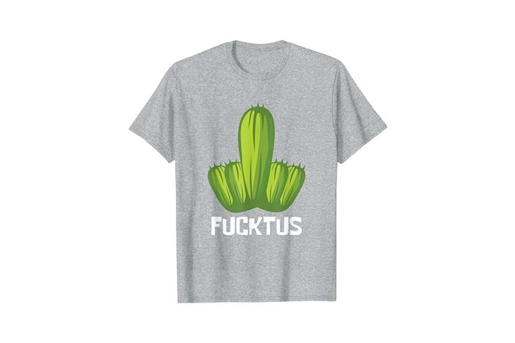 Tee-shirt à manche courte homme gris chiné doigt d'honneur à motif cactus