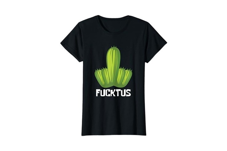 Tee-shirt à manche courte noir doigt d'honneur à motif cactus pour femme