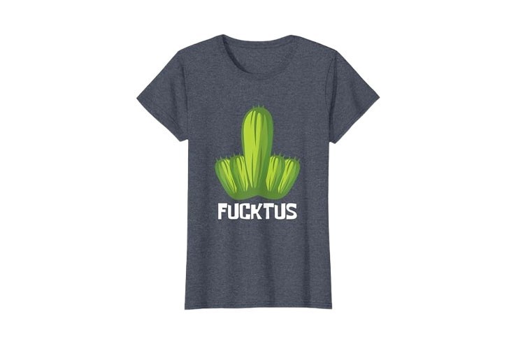 Tee-shirt bleu chiné pour femme doigt d'honneur à motif cactus