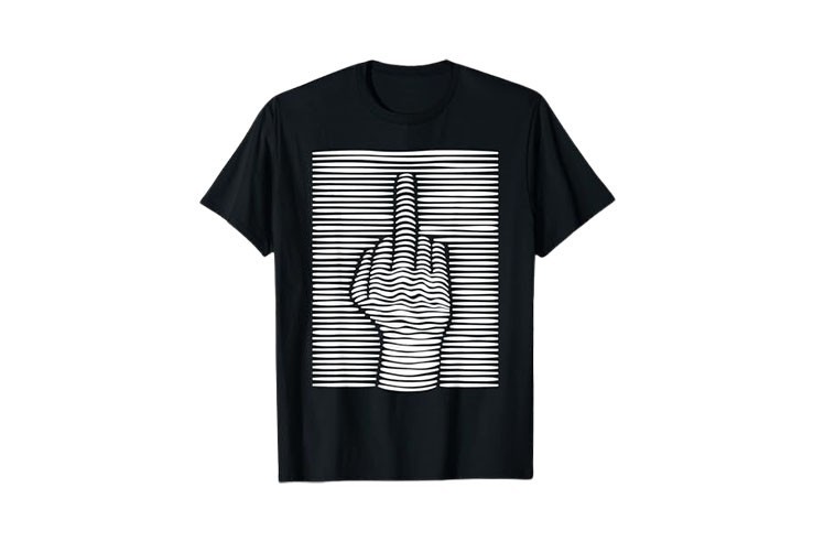 Tee-shirt homme noir et blanc amusant motif doigt d'honneur effet 3D