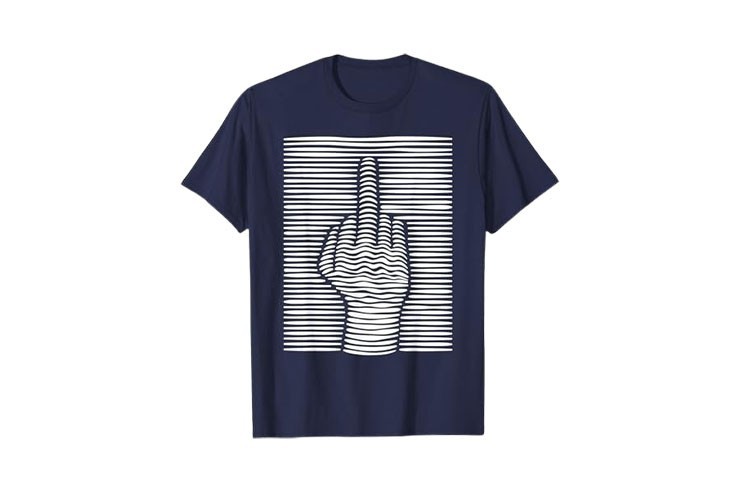 Tee-shirt bleu marine et blanc homme amusant motif doigt d'honneur effet 3D