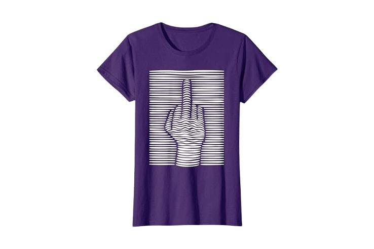 Tee-shirt doigt d'honneur violet et blanc amusant effet 3D pour femme