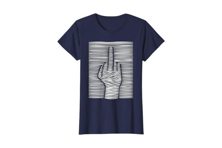 Tee-shirt femme bleu marine et blanc amusant motif doigt d'honneur effet 3D