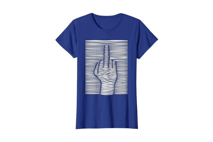 Tee-shirt bleu royal et blanc femme amusant motif doigt d'honneur effet 3D