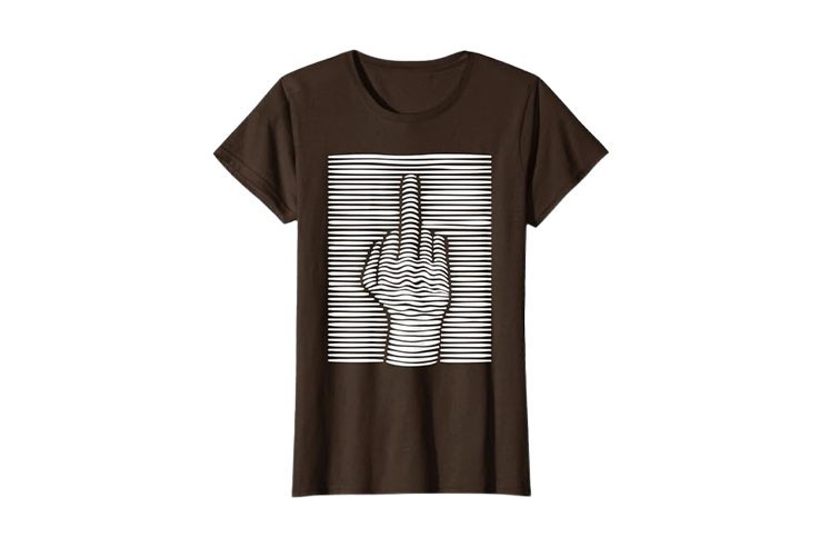 Tee-shirt amusant motif doigt d'honneur marron et blanc effet 3D femme