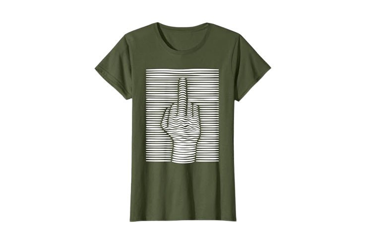 T-shirt femme amusant vert kaki et blanc motif doigt d'honneur effet 3D